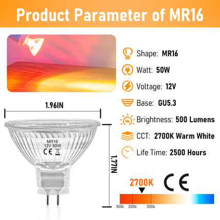 MR16 Halogen Bulbs 50W,6 Pack 12V 50W MR16 Light Halogen Bulbs 2 Pin GU5.3 Base Dimmable with Clear Glass Cover,High Output 2700K Warm White MR16 Light Bulb for Landscape Lights, Track Lights