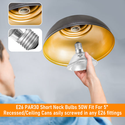 Par30 Halogen Light Bulbs 50W 120V, Short Neck Par30 Flood Light Bulbs,Dimmable 2700K Warm White, 6Pcs Halogen Bulbs E26 Base for 5-6in Recessed/Ceiling Cans/Accent/Tracking Lighting